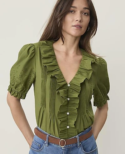 Ann Taylor Weekend Eyelet Ruffle Trim Blouse Women's