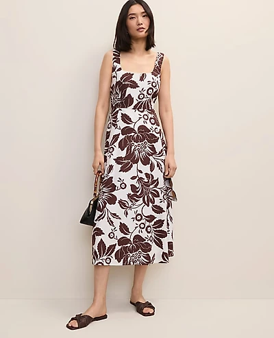 Ann Taylor Petite Floral Flare Midi Dress Linen Blend Rich Walnut Women's