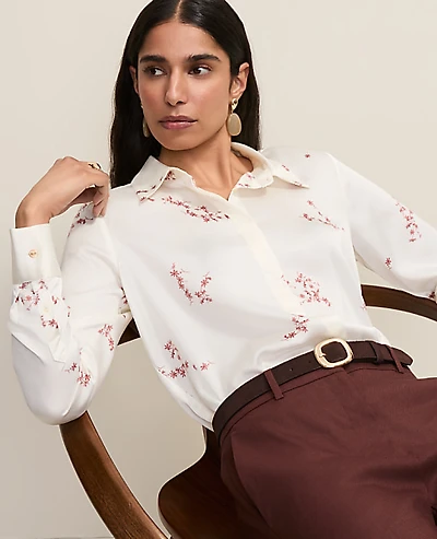 Ann Taylor Floral Satin Modern Shirt Winter White Women's