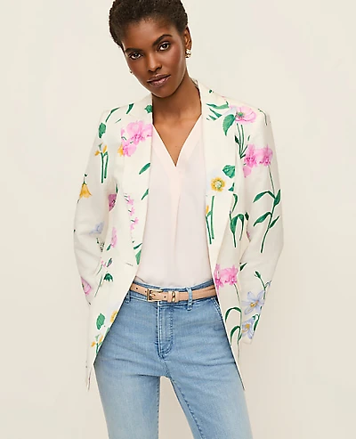 Ann Taylor The Petite Long Single Button Blazer Floral Linen Blend Winter White Women's