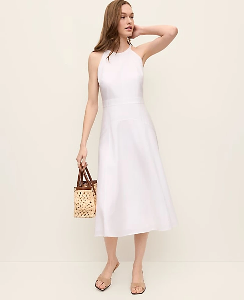 Ann Taylor Halter Flare Midi Dress Linen Blend White Women's