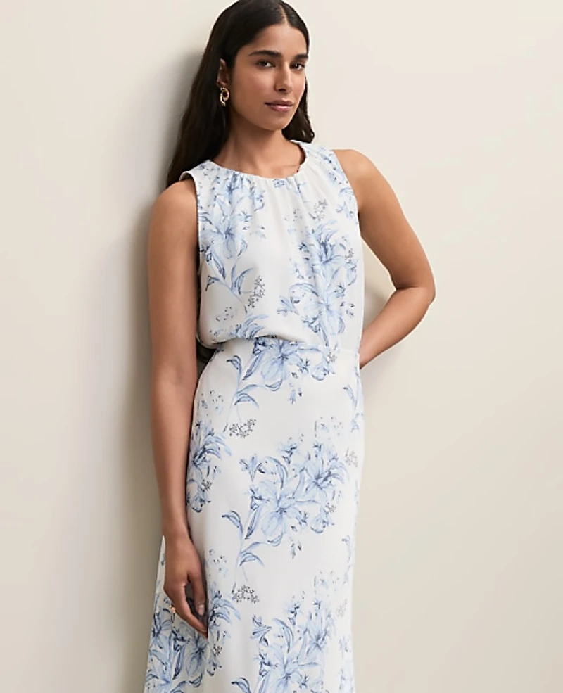Ann Taylor Floral Shirred Tank Top White-Blue Women's