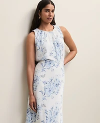 Ann Taylor Floral Shirred Tank Top White-Blue Women's