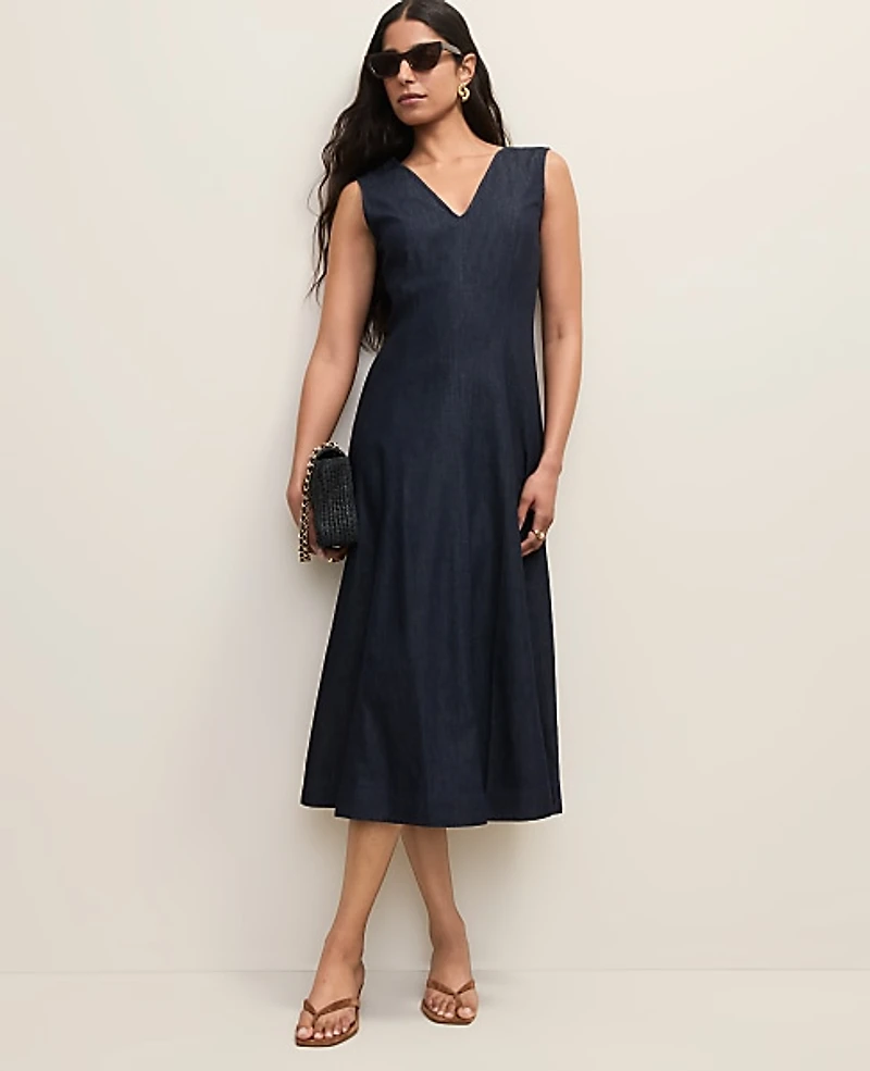 Ann Taylor Petite V-Neck Chambray Flare Midi Dress Size 00 Dark Indigo Women's
