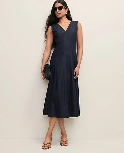Ann Taylor Petite V-Neck Chambray Flare Midi Dress Size 00 Dark Indigo Women's