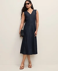 Ann Taylor Petite V-Neck Chambray Flare Midi Dress Size 00 Dark Indigo Women's