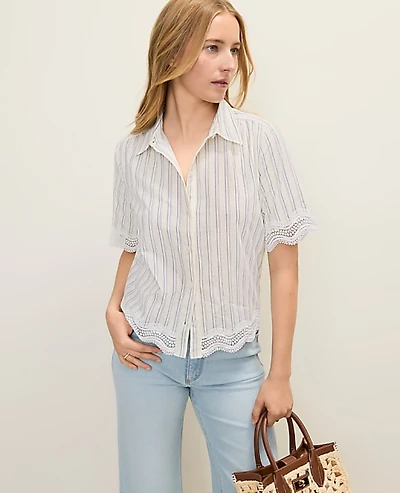 Ann Taylor Weekend Embroidered Striped Shirt Yellow Pavlova Women's