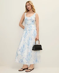 Ann Taylor Floral Belted Flare Midi Dress White-Blue Women's