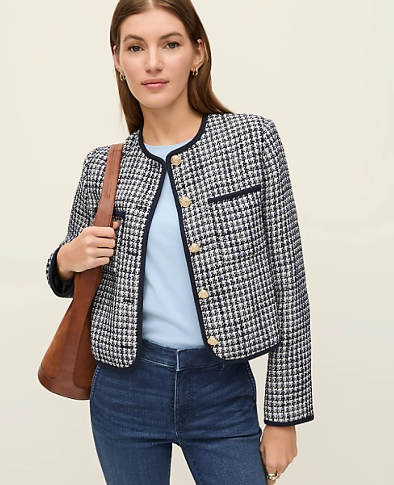 Ann Taylor Petite Weekend Tweed Crew Neck Jacket Size 12 Night Sky Women's