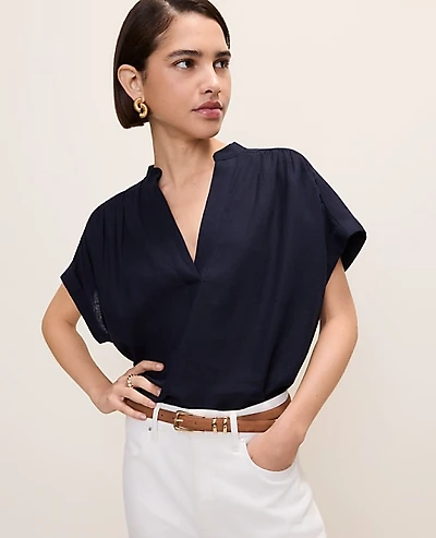 Ann Taylor Petite Linen Blend Split Neck Blouse Women's