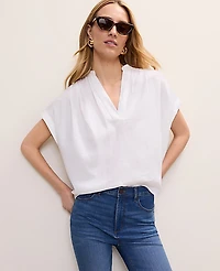 Ann Taylor Petite Linen Blend Split Neck Blouse White Women's