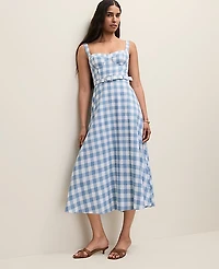 Ann Taylor Petite Gingham Belted Midi Dress Linen Blend Sea Haze Women's