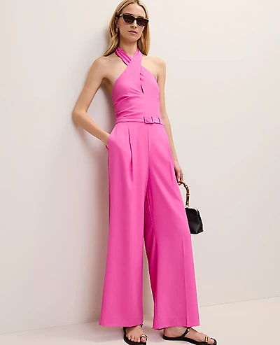 Ann Taylor Petite Belted Halter Jumpsuit Rhododendron Women's