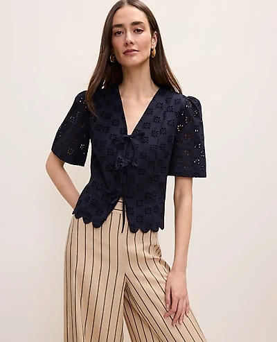 Ann Taylor Petite Eyelet Tie Front Blouse Night Sky Women's