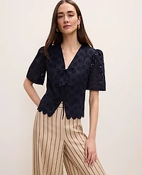 Ann Taylor Petite Eyelet Tie Front Blouse Night Sky Women's