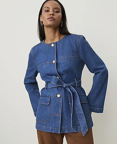 Ann Taylor Petite Belted Denim Jacket Addell Wash Women's