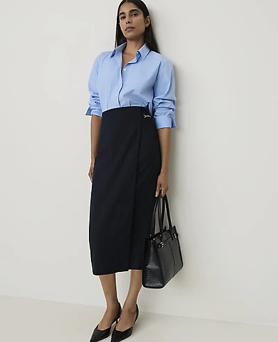 Ann Taylor Petite Pinstripe Hardware Wrap Skirt Navy Stripe Women's
