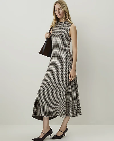 Ann Taylor Plaid Mock Neck Sweater Dress French Mocha Women's