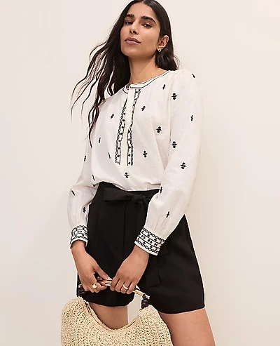 Ann Taylor Embroidered Split Neck Blouse Winter White Women's