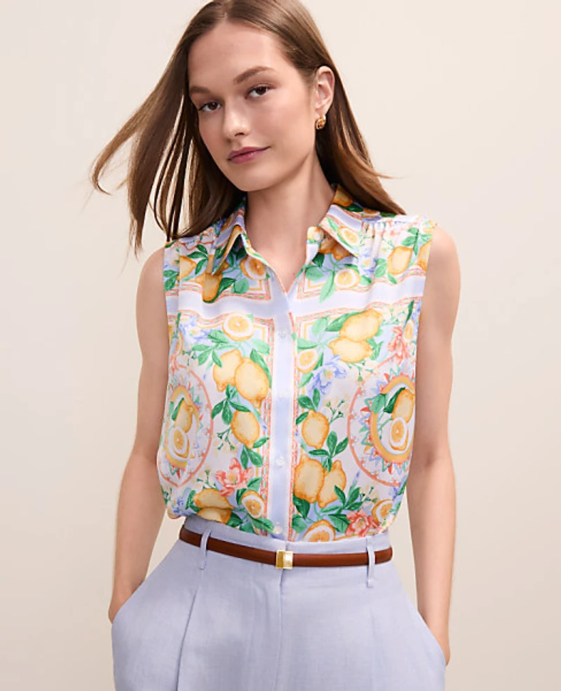 Ann Taylor Lemon Print Sleeveless Collar Shirt Multi-Please Use B Version Women's