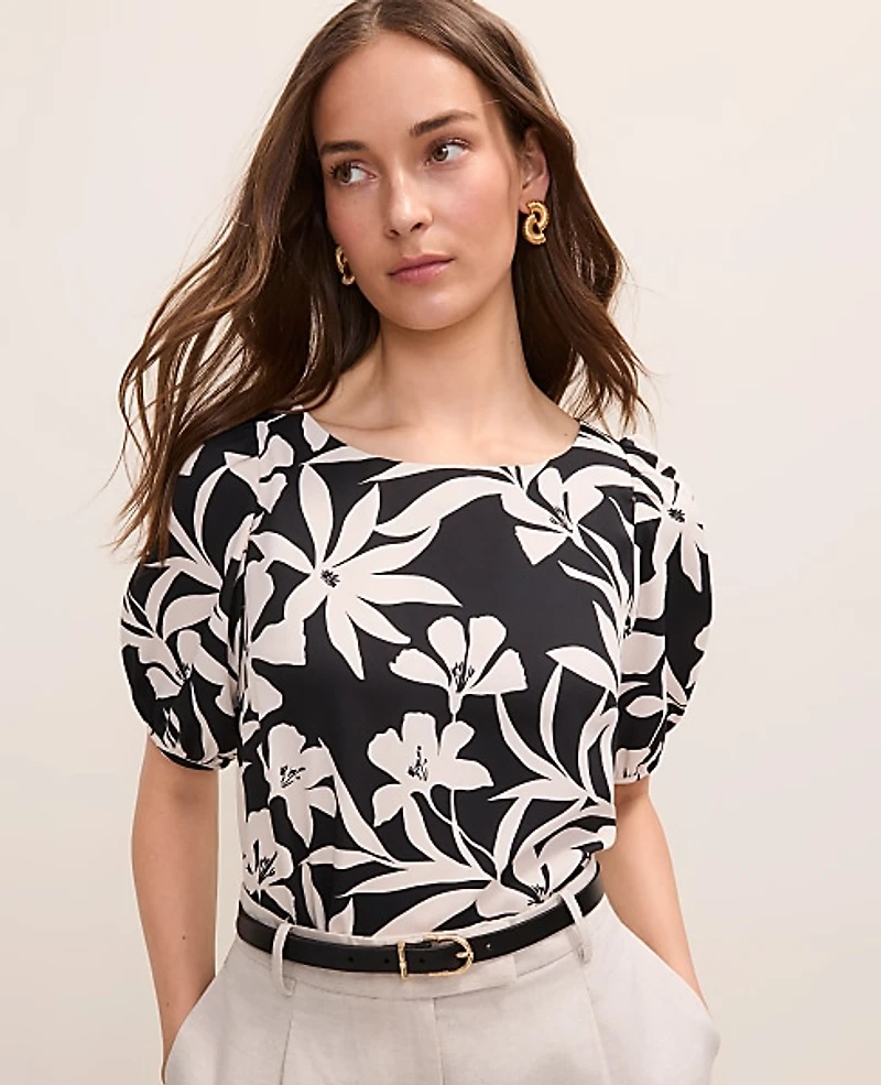Ann Taylor Floral Boatneck Blouse Black Women's