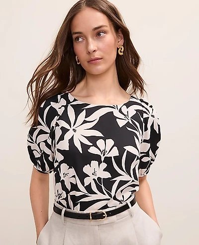 Ann Taylor Floral Boatneck Blouse Black Women's