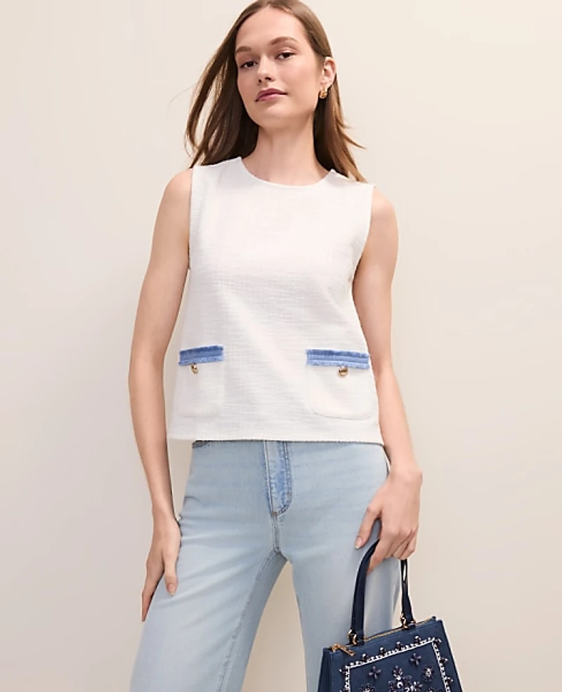 Ann Taylor Tweed Fringed Pocket Top Winter White Women's