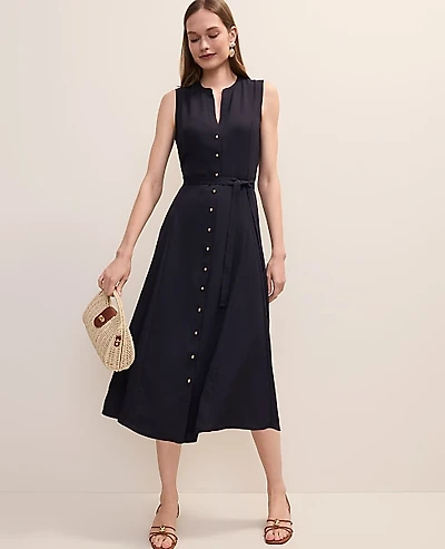 Ann Taylor Belted Split Neck Flare Dress Night Sky Women's