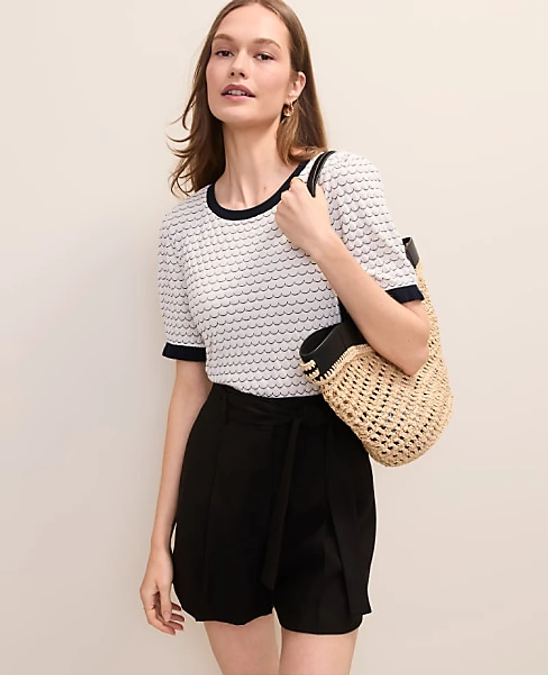 Ann Taylor Scalloped Ruffle Trim Top Ivory/Navy Multi Women's