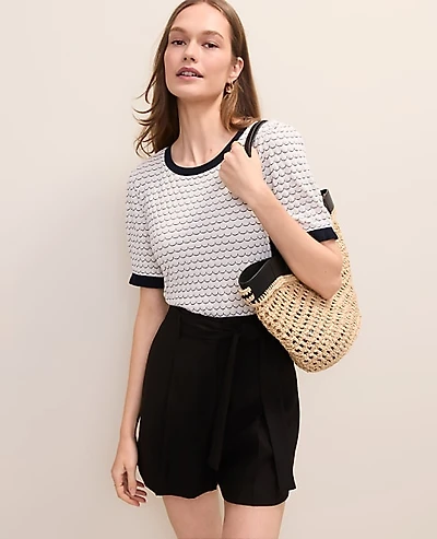 Ann Taylor Scalloped Ruffle Trim Top Ivory/Navy Multi Women's