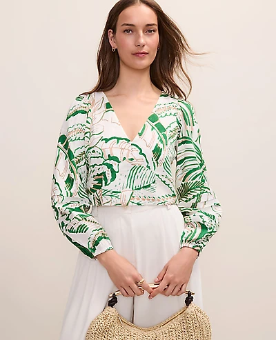Ann Taylor Palm Print Embroidered V-Neck Blouse Linen Blend Fresh Cut Green Women's