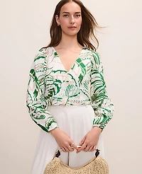 Ann Taylor Palm Print Embroidered V-Neck Blouse Linen Blend Fresh Cut Green Women's