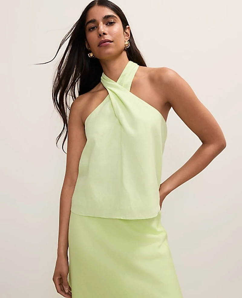 Ann Taylor Twist Halter Top Linen Blend Lime Slice Women's