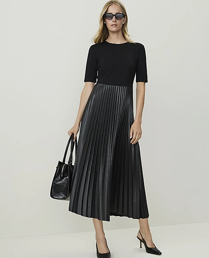 Ann Taylor Petite Faux Leather Pleated Midi Dress Black Women's