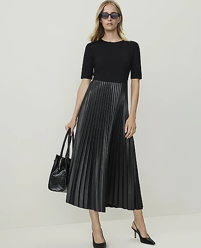 Ann Taylor Petite Faux Leather Pleated Midi Dress Black Women's