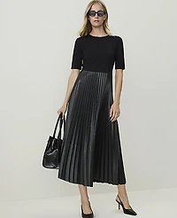 Ann Taylor Petite Faux Leather Pleated Midi Dress Black Women's