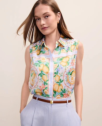 Ann Taylor Petite Lemon Print Sleeveless Collar Shirt Multi-Please Use B Version Women's