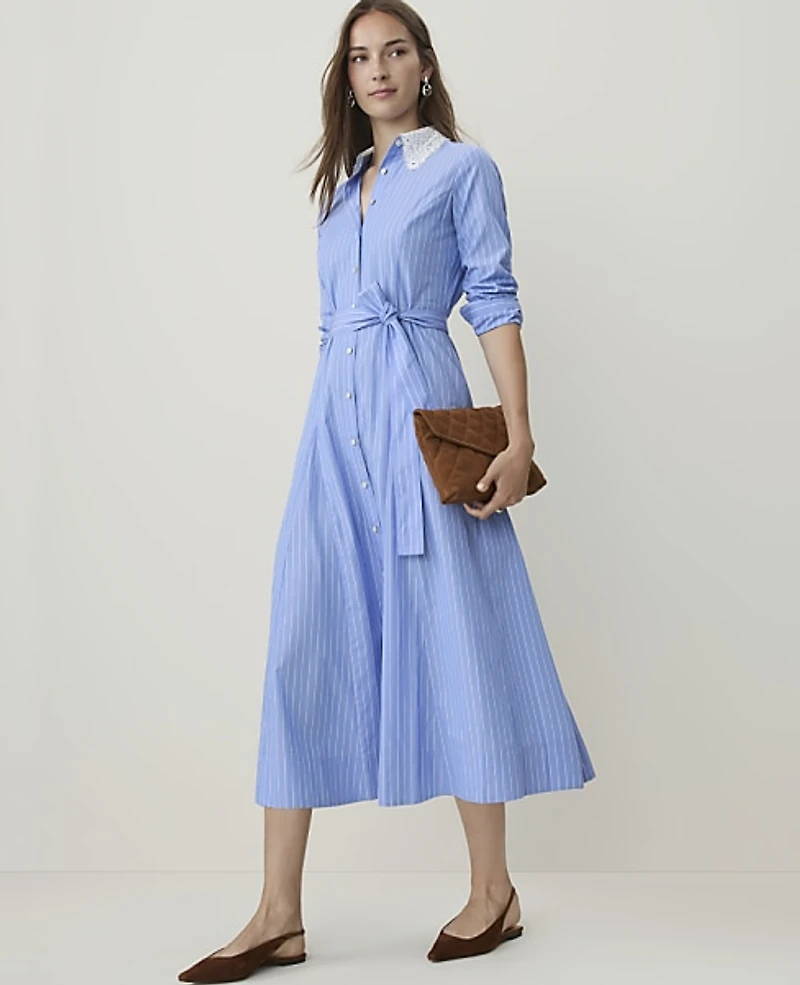 Ann Taylor Petite Striped Lace Collar Midi Shirtdress White-Blue Women's