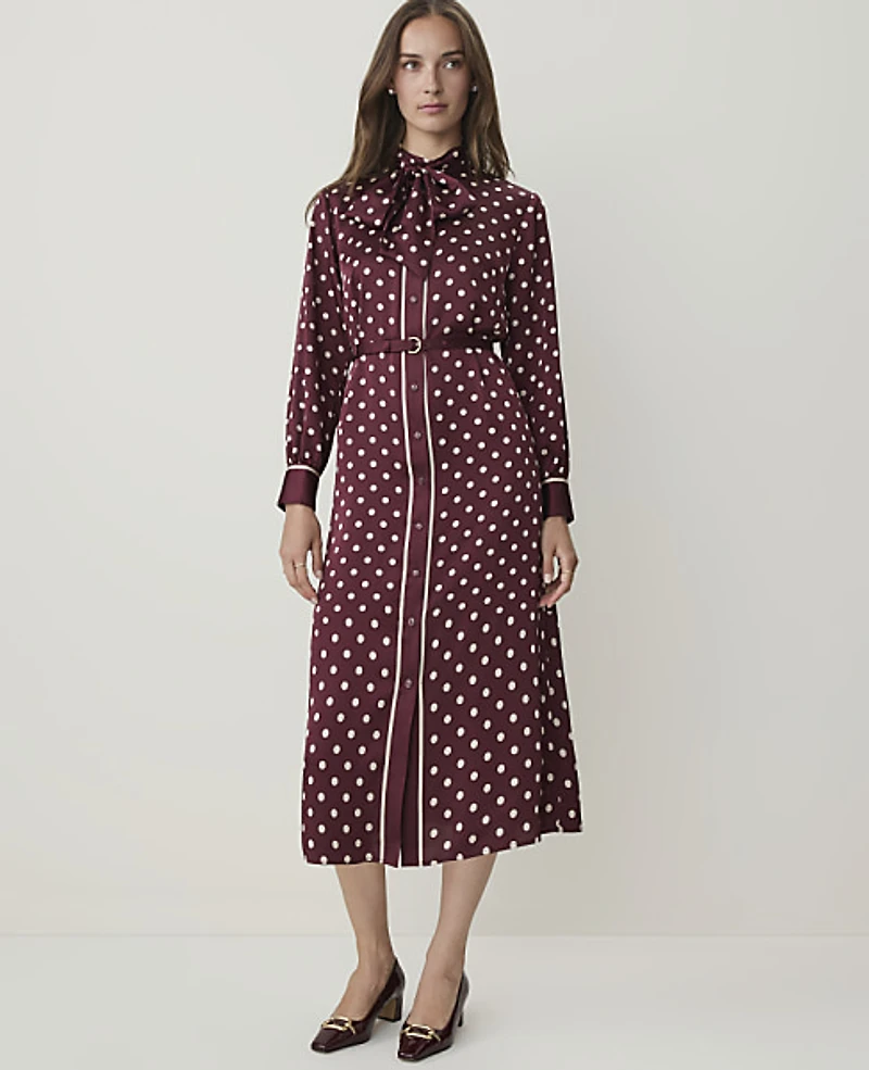 Ann Taylor Petite Polka Dot Tie Neck Midi Dress Purest Plum Women's