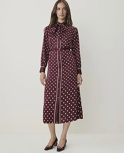 Ann Taylor Petite Polka Dot Tie Neck Midi Dress Purest Plum Women's