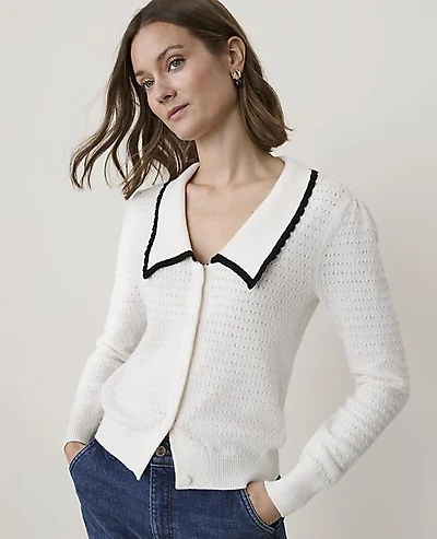 Ann Taylor Petite Scalloped Sailor Collar Cardigan Winter White Women's