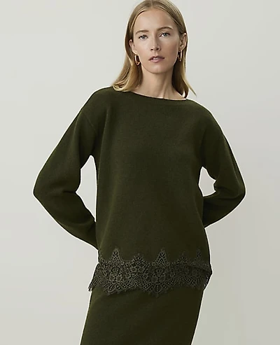 Ann Taylor Petite Lace Trim Boatneck Sweater Size Small Caper Shadow Women's