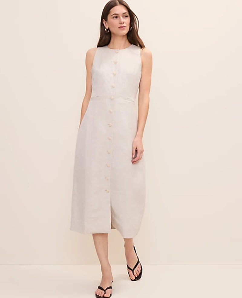 Ann Taylor Button Midi Dress Linen Blend Natural Flax Women's