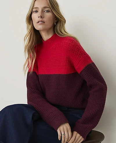 Ann Taylor Colorblock Mixed Stitch Sweater Red Multi Women's