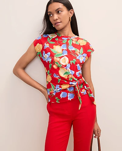 Ann Taylor Petite Floral Tie Waist T-Shirt Bright Cherry B Women's