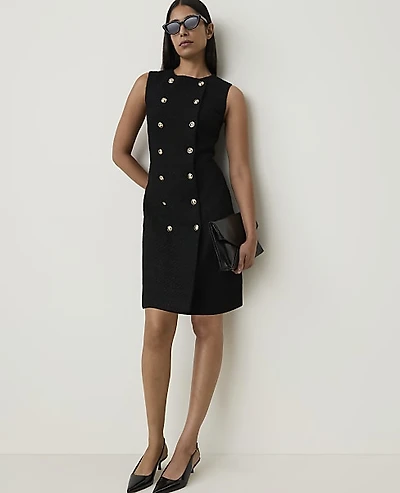 Ann Taylor Crew Neck Button Shift Dress Tweed Black Women's