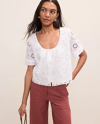 Ann Taylor Petite Weekend Eyelet Scoop Neck Blouse White Women's
