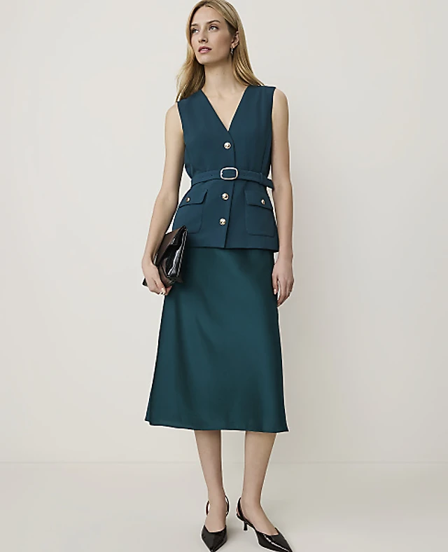 Ann Taylor Belted Vest Slip Dress Deep Forest Pine Women's