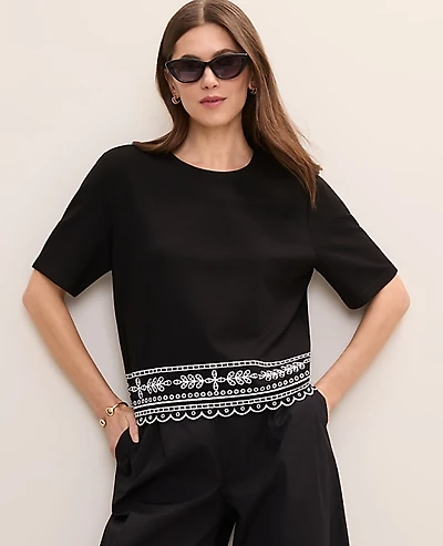 Ann Taylor Petite Embroidered Crew Neck Top Women's