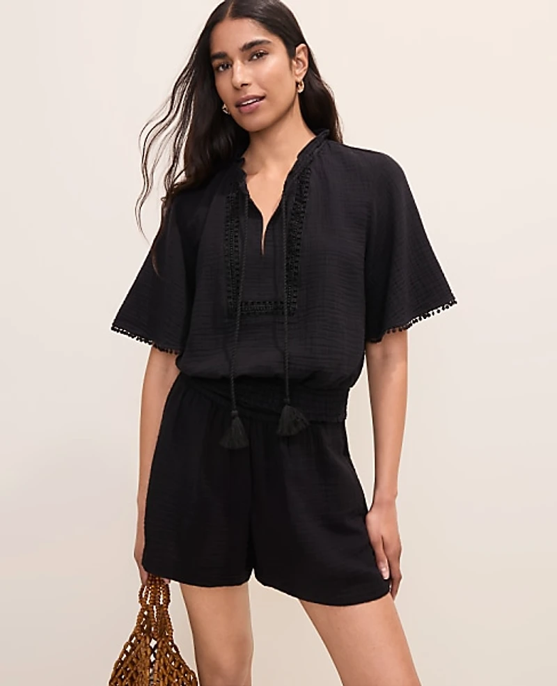 Ann Taylor Petite Smocked Bobble Trim Blouse Women's